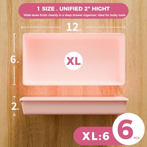 [6 PCS Extra-Large] Pink Drawer Organizer Trays with Non-Slip Pads, Interlocking Storage Bins for Vanity, Desk, Bathroom, Kitchen, Home Office and Utility Drawers - Image 3