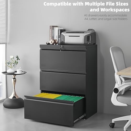 Approgreent Lateral 3 Drawer File Cabient with Lock, Metal Filing Cabinets for Home Office, Heavty Duty Office Storage Cabinet for A4/Letter/Legal (Matte Black) - Image 6