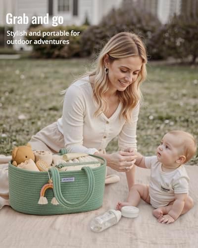 Blissful Diary Diaper Caddy Organizer, Woven Cotton Rope, Green - Image 5