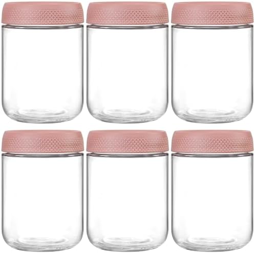 NETANY 6-pack 16oz Glass jars with Airtight Lids, Overnight Oats Containers with Lids, Wide mouth Mason Salad jars, Glass Food Storage Containers for Snacks Yogurt Spice Sugar-Pink by NETANY