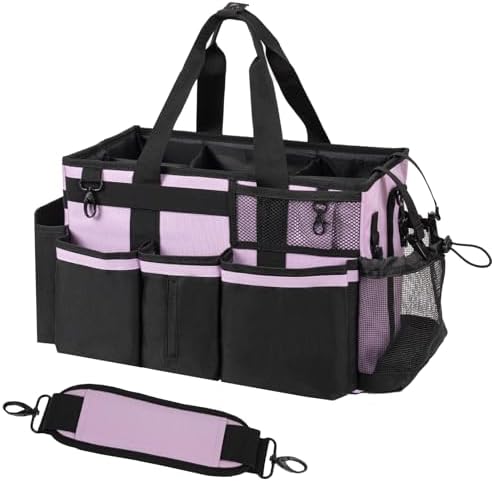 SCAVATA Wearable Cleaning Caddy, Cleaning Caddy Supplies Organizer with Handle & Shoulder Straps for Housekeepers, Under Sink & Car Cleaning Tool Organizers Bag with 4 Foldable Divider (Lilac) by Tidyyourlife