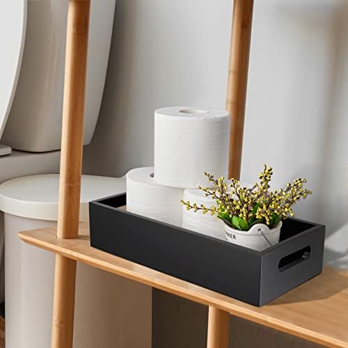 ALELION Black Bathroom Basket - Wooden Toilet Tank Paper Basket with Handle for Organizing - Back of Toilet Storage Organizer for Bathroom Tank Topper Counter - Black Bathroom Decor Box - Image 3
