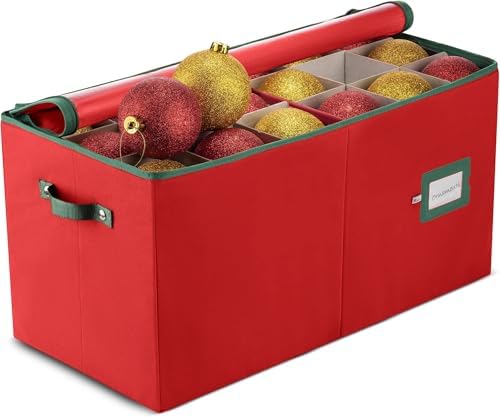 ZOBER Large Christmas Ornament Storage Box - Stores 54 4" Large Ornaments, With Dividers - Ornament Organizer Storage Box, Durable Christmas Containers Holder, Dual Zipper - Red by ZOBER