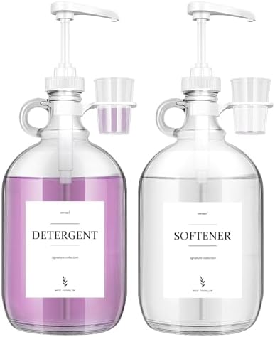 2 Pcs Glass Liquid Laundry Detergent Dispenser with Cup Holders, Half Gallon Dispenser for Laundry Room (64 oz. Each), Laundry Detergent Bottles with Pump Dispenser -Includes Labels, Measuring Cups by onsogi