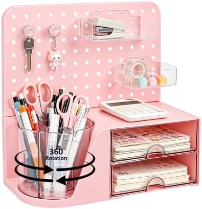 Desk Organizer with 360° Rotating Pen Holder, 5 Slots, 2 Drawers & Pegboard for Office School Art Supplies (Pink) by ZZFENGKR
