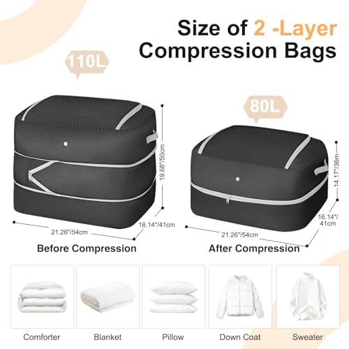 Comforter Storage Bag - 110L Large Capacity Blanket Storage Bags 2-Layer Ultra Space Saving Self Compression Organizer, Washable Compression Bags for Storage Comforter Blanket, 4-Pack, Black - Image 2