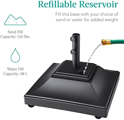 Best Choice Products Fillable Mobile Umbrella Base, Heavy Duty Base, Square Tiered Market Stand for Patio, Deck, Outdoor w/ 4 Wheels, 2 Locks, 2 Knobs, 120lb Capacity - Black - Image 4