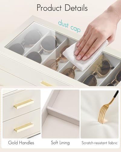 VLANDO 30-Slot Sunglasses Organizer Case with Clear Lid & 5 Drawers,Beige - Image 3