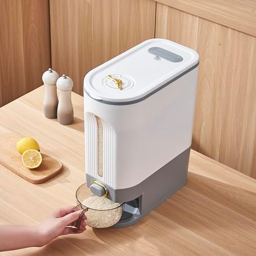 Sooyee 22 Lbs Rice Dispenser with Measuring Cup, White and Grey - Image 4