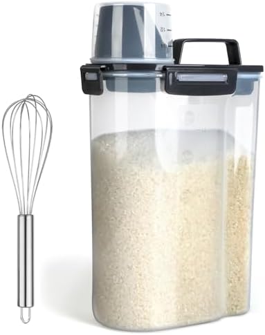 Uppetly Rice Airtight Dry Food Storage Containers, BPA Free Plastic Storage Bin Dispenser with Pourable Spout, Measuring cup for Cereal, Flour and Baking Supplies, Include a Stainless Steel Whisk by Uppetly