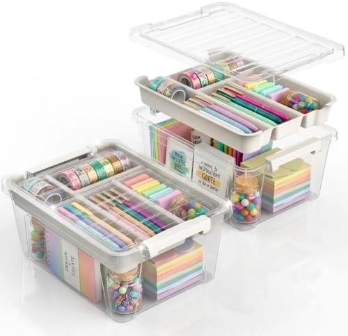 8-Quart Clear Plastic Storage Box with Removable Tray 2-Pack Craft Bins Organizers Containers by ZHENFAN