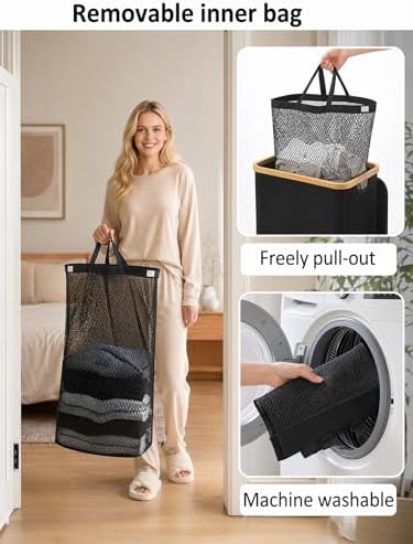 IEGrow Laundry Hamper with Lid,110L Laundry Basket with 2 Mesh Bags,Black - Image 3