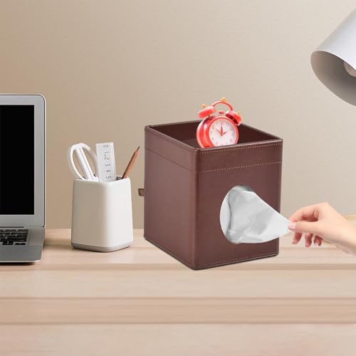 Tissue Box Cover Square Tissue Box Holder PU Leather Facial Tissues Organizer with Storage Tray for Bathroom Vanity Bedroom Office Car,Stylish Napkin Caddy Decorative Organizer (Brown) - Image 4