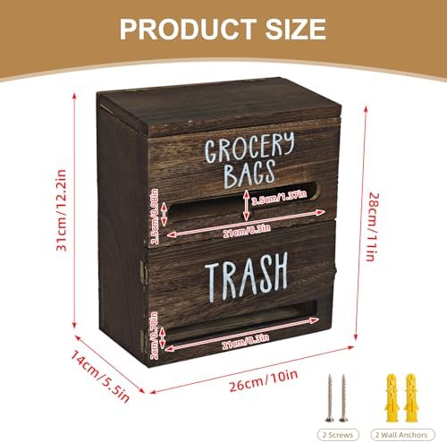 2 in 1 Trash Bag Dispenser, Double Wall Mounted,Wood Trash Bag Holder, used in kitchen, garage, laundry room, can store Environmentally friendly food bags and garbage bags(Dark Wood - Image 2