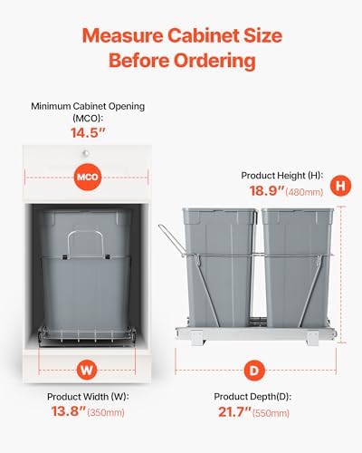VEVOR Pullout Trash Can for Kitchen Cabinets, 35 QT x2 Double Under Sink Garbage Waste Recycling Bin, Under Mount Waste Container, with Heavy Duty Metal Full Extension Sliding System and Handle Grey - Image 4