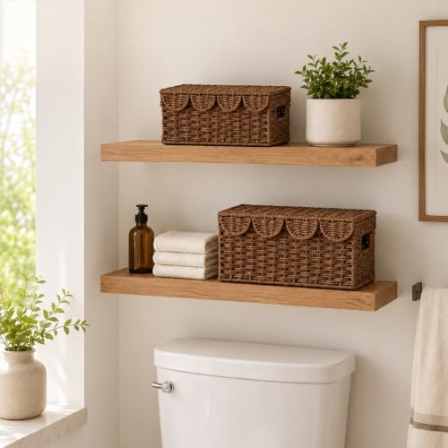 Set of 2 Scalloped Baskets, Paper Rope Wicker Baskets with Lids, Coffee - Image 2