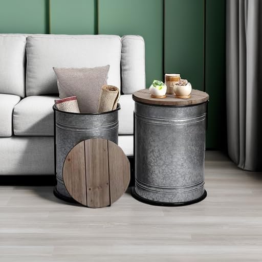 RUSTOWN Farmhouse Accent Side Table, Set of 2 Galvanized Storage Ottoman - Image 5