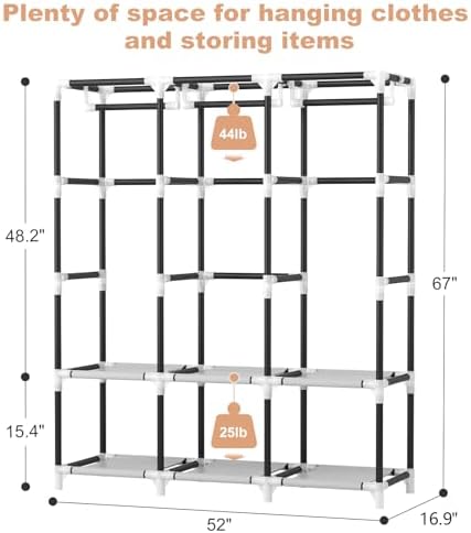 VTRIN Portable Closet Wardrobe for Hanging Clothes Closet with Cover, 3 Hanging rods, 6 Storage Shelves and Side Pocket, Diameter 19mm Metal Pipe, Sturdy Free Standing Closet for Bedroom - Image 3
