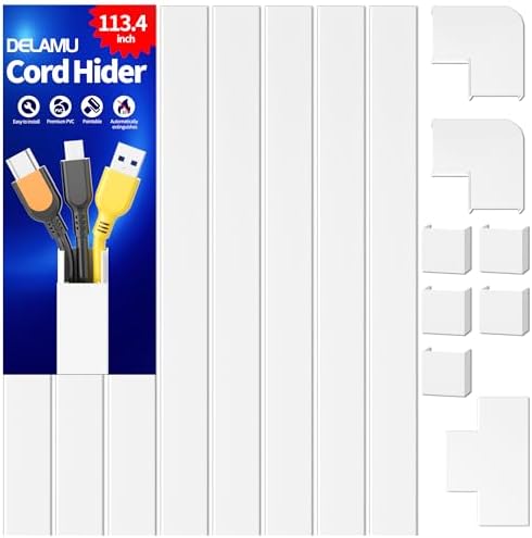 Delamu Cord Covers for Wires on Wall, 113.4in TV Cord Hider, Self-adhesive Cable Hider Cable Cover Raceway, Paintable Wire Hider Wire Covers for Cords, Hide Cords Wall Mounted Tv, W0.95×H0.55in, White by DELAMU