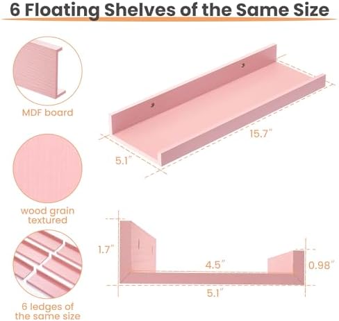 upsimples Floating Shelves for Wall Decor and Storage, Pink, 6Pcs 15.7'' - Image 3