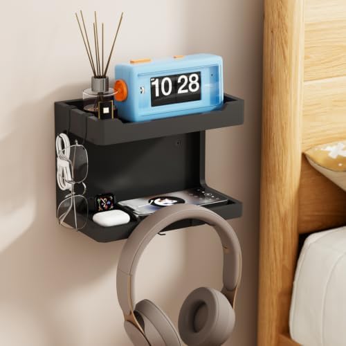 NiHome Bedside Wall Shelf Organizer, Wood 2-Tier Floating Nightstand, Black - Image 2