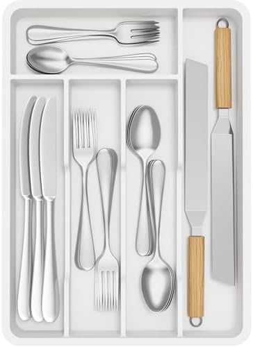 Lifewit Silverware Drawer Organizer Tray, Plastic Cutlery Storage for Kitchen, Flatware and Utensil Holder Divider for Spoons Forks Knives Tableware, 9.5 x 13.4", 5 Slots, White by Lifewit