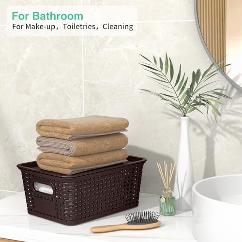 8 Pack Plastic Storage Baskets,Brown Stackable Bins with Lid - Image 6