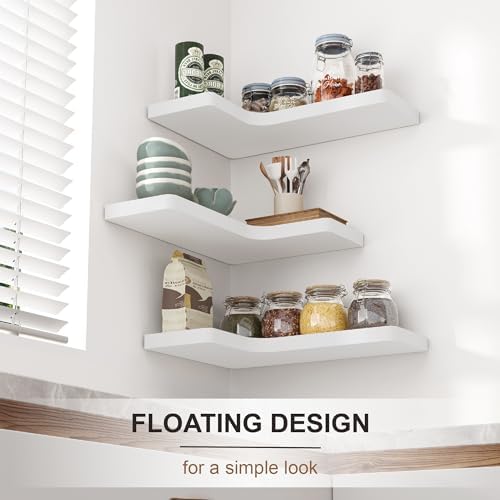 fuqing Corner Floating Shelves, Wall Shelf Set of 3, Shelves for Wall Storage, Solid Wood Shelves for Storage, Wall Mount Wooden Display Shelf for Bathroom Bedroom Kitchen Garage, White - Image 2