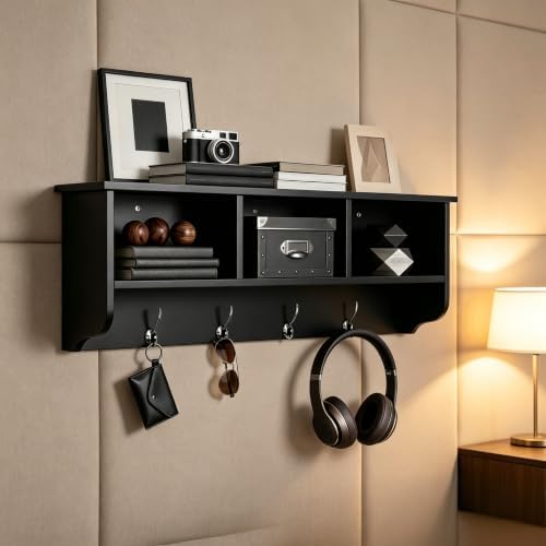 38.6inch Wall Mounted Entryway Coat Rack with Storage Shelf 4 Dual Hooks Wooden Storage Living Room Wall Cabinet with 3 Cubbies Space Saving Hanging Shelf for Hats Bags Coats (Espresso) by Tungtar