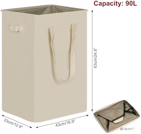 efluky Slim Laundry Basket, Narrow Laundry Hamper with Handles, Collapsible Dirty Clothes Hamper, Tall Laundry Bin for Laundry Room, Dorm and Bedroom, 90L Beige - Image 2