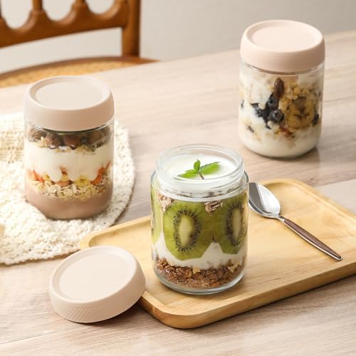 NETANY 6-pack 16oz Glass jars with Airtight Lids, Overnight Oats Containers with Lids, Wide mouth Mason Salad jars, Glass Food Storage Containers for Snacks Yogurt Spice Sugar-Beige - Image 6