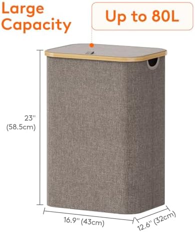 Lifewit 80L Large Laundry Basket with Lid, Removable Bags, Brown - Image 4