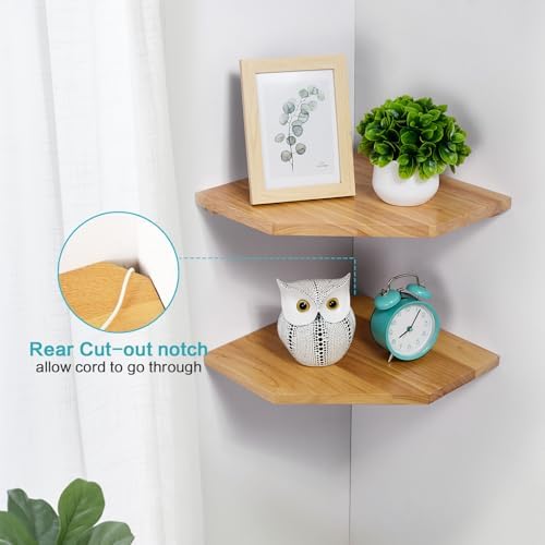 Corner Wall Shelves Set 2 Wire Hole Solid Oak Wood Display Shelf ,Natural - Image 5