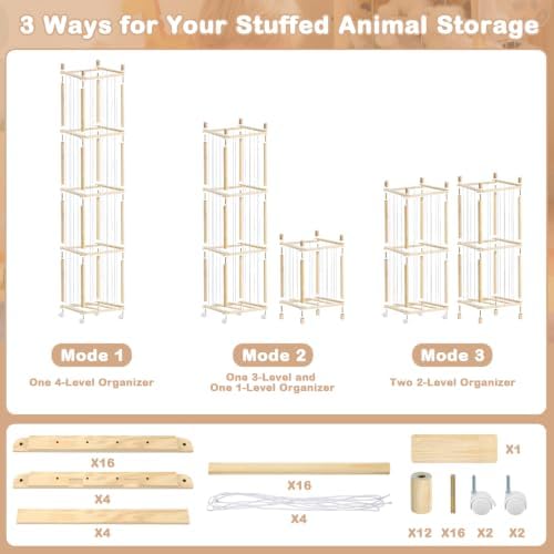 DIY Stuffed Animal Storage, Wood Adjustable 1–4 Tier Stuffed Animal Zoo Storage with Brake Wheels, Large Capacity Stuffed Animal Holder, Perfect for Nursery Playroom Kidroom Bedroom - Image 6