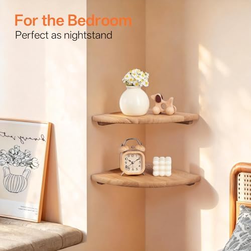 Floating Corner Shelves, Set of 3 Corner Wall Shelves with Cable Hole Soild Wood Wall Storage Display Wall Mounted Shelves for Plants, Photos, Speakers, Living Room, Bedroom, Bathroom, Kitchen - Image 7