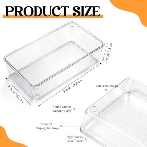 Maitys 12 Pcs Clear Drawer Organizer 9 x 6 x 2 Inches Plastic Rectangle Trays Makeup Vanity Storage Bins and Kitchen Drawers Dividers for Office Desk Silverware Kitchen Utensils - Image 2