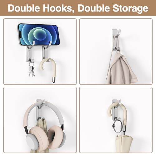 Adhesive Wall Hooks for Towel/Coat,13Lb Strong Stick-On Hooks,Silver 4 Pack - Image 6
