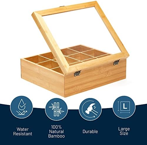 Natural Bamboo Tea Storage Organizer, Clear Acrylic Top, 12 Compartments - Image 2