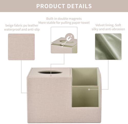 PU Leather Square Tissue Box Cover,Multifunctional Tissue Box Holder,Tissue Box with Storage,Tissue and Remote Control Holder,Tissue Box Decorative Desk Organizer for Home&Office,Beige - Image 6