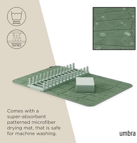 Umbra Udry Dish Drying Rack with Microfiber Mat, Foldable Drainer, Spruce - Image 5