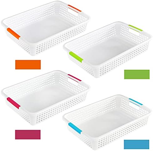 Lawei 8 Pack Large Plastic Storage Basket with Handle - 15 x 10 x 3 Inch Pantry Organizer Basket Bins Desktop Paper Storage Basket for Organization, Countertops, Cabinets, Bedrooms, Bathrooms - Image 3