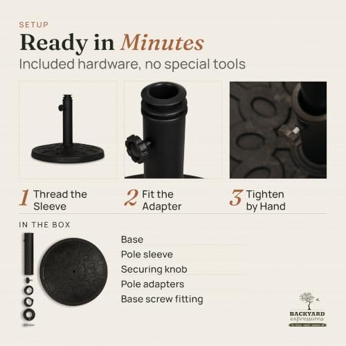 Backyard Expressions 20 lb Round Patio Umbrella Base – Heavy Duty Resin-Coated Calcium Carbonate Stand with Adjustable Pole Adapters Fits 1.5"–2" Poles, Weather-Resistant, Black Finish - Image 7