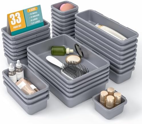 33 PCS Drawer Organizer Set, 4 Size Makeup Drawer Divider Organizer With Non-Slip Pads, Interlocking Plastic Storage Bins for Office,Jewelry Vanity,Gadgets, Bathroom,Kitchen, Grey by StoreHappily