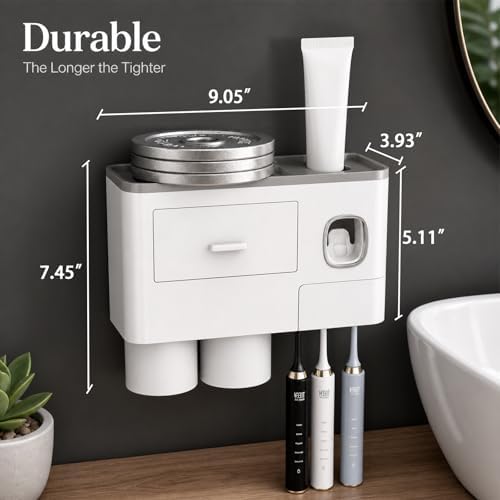 Toothbrush Holders Bathroom Accessories with Toothpaste Dispenser, 2 Cups Toothbrush Holder Wall Mounted Bathroom Decor (Grey and White - Image 5