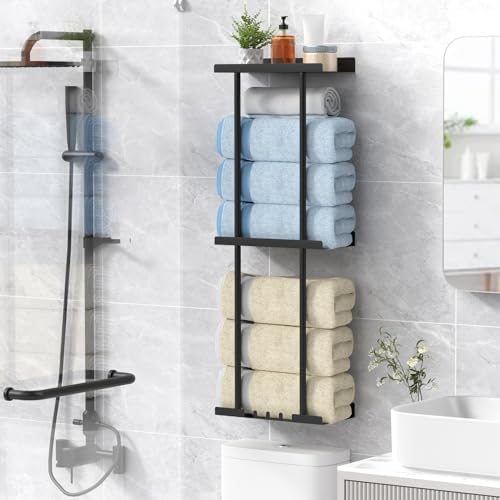 Towel Rack for Bathroom, Wall Mounted Vertical Rolled Towel Storage Organizer Holder with Shelf, Holds Up 6 Large Bath Sheets, Black Large Size - Image 7