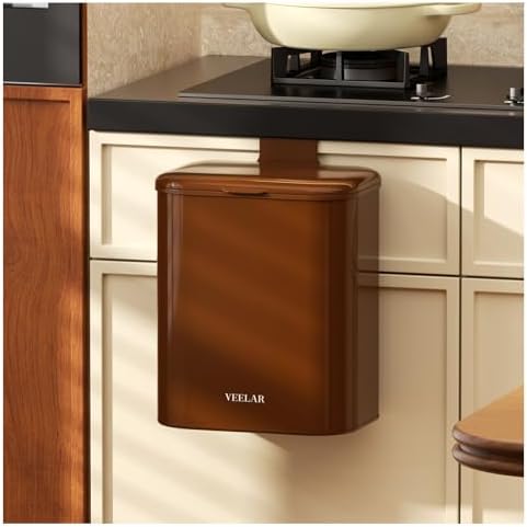Space Saving Hanging Small Trash Can for Kitchen Cabinet, Bathroom or Office (Coffee, 2.1 Gallon (8L)) by VEELAR