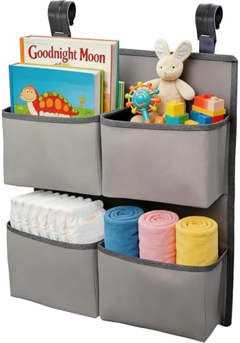 Hanging Diaper Organizer for Crib/Playpen/Bassinet/Playard – Hold 80+ Diapers - 4 Deep Pockets- Changing Table Diaper Holder Bag- Diaper Storage for Newborn Baby Essentials Stacker Caddy, Gray by KIKJOK