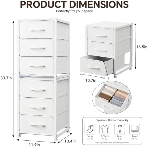 2-Pack Stackable 3-Tier Storage Drawers (6 Drawers Total), Small Dresser for Closet, Narrow Fabric Dresser with Wooden Top & Metal Frame, Freestanding Closet Organizer Tower for Bedroom, Living Room - Image 3