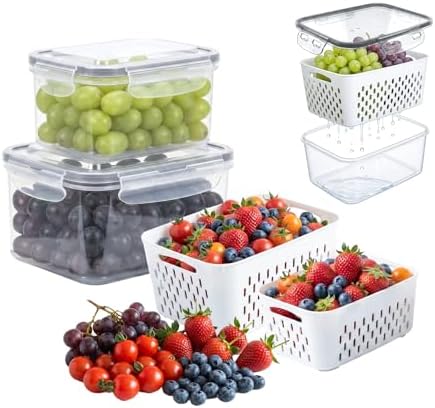 Fruit Storage Containers for Fridge, Grape Containers with Built-In Drain Basket, 2-Pack No-Leak Design, Saves Space, Durable and Easy to Clean, Easy Grab Handle, Keeps Grapes and Berries Fresh by Unknown
