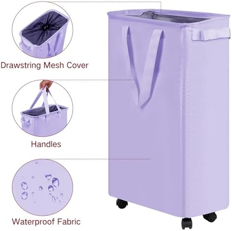 efluky Slim Laundry Hamper with Wheels, Rolling Laundry Basket for Clothes, Small Laundry Basket for Bedroom, Dorm and Laundry Room, 60L (12.7 Gallons) Purple - Image 3